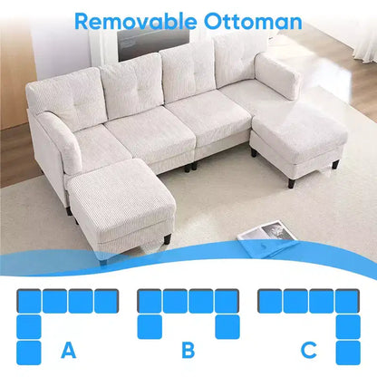 Corduroy U-Shape Modular Sectional Sofa – 4-Seater with 2 Movable Ottomans