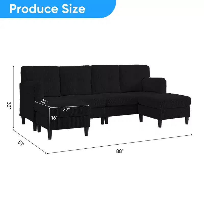 Corduroy U-Shape Modular Sectional Sofa – 4-Seater with 2 Movable Ottomans