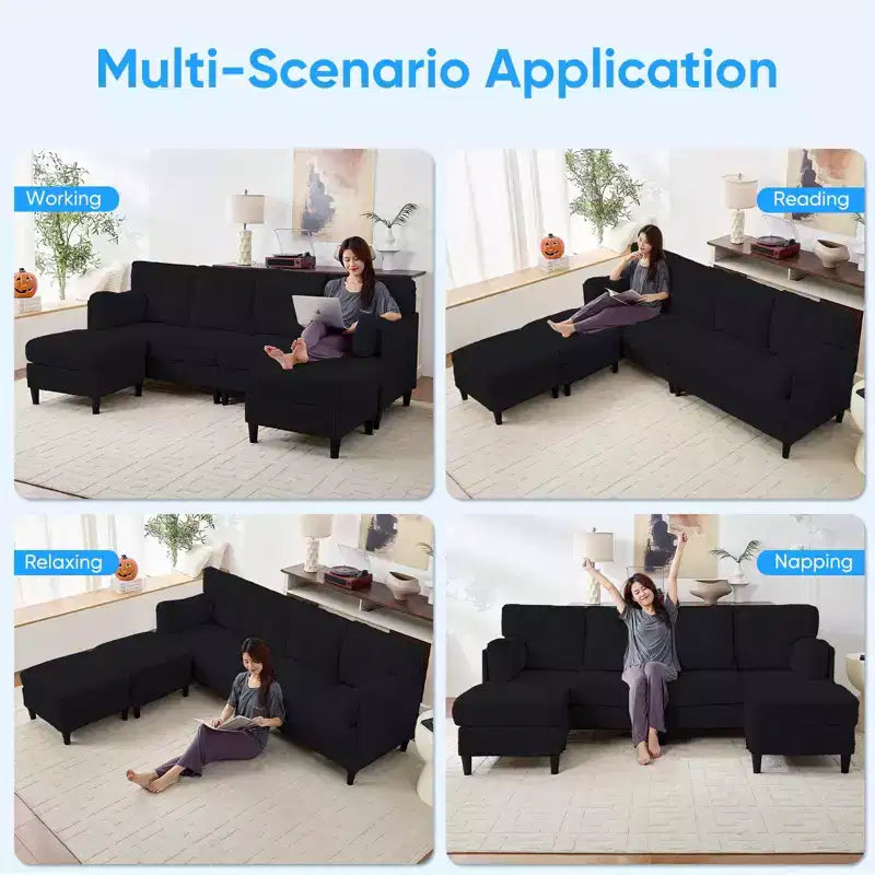 Corduroy U-Shape Modular Sectional Sofa – 4-Seater with 2 Movable Ottomans