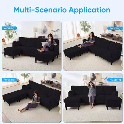 Corduroy U-Shape Modular Sectional Sofa – 4-Seater with 2 Movable Ottomans