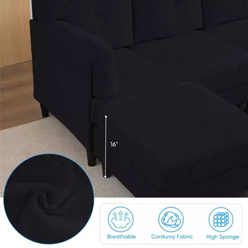 Corduroy U-Shape Modular Sectional Sofa – 4-Seater with 2 Movable Ottomans