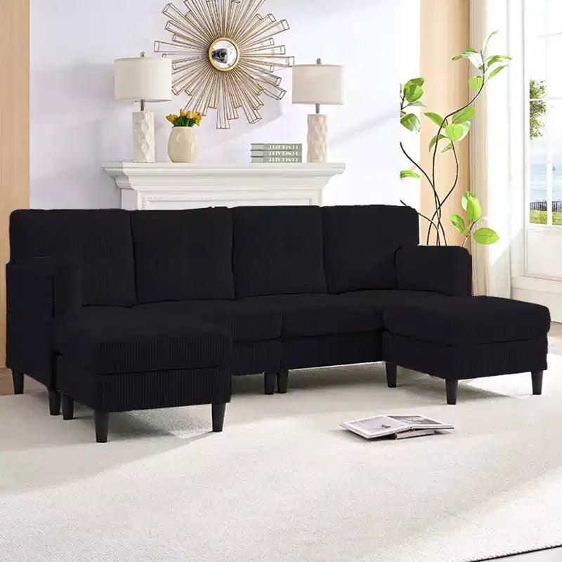 Corduroy U-Shape Modular Sectional Sofa – 4-Seater with 2 Movable Ottomans