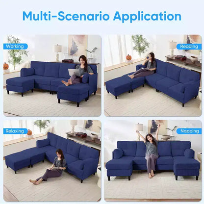 Corduroy U-Shape Modular Sectional Sofa – 4-Seater with 2 Movable Ottomans