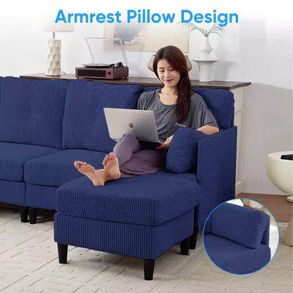 Corduroy U-Shape Modular Sectional Sofa – 4-Seater with 2 Movable Ottomans