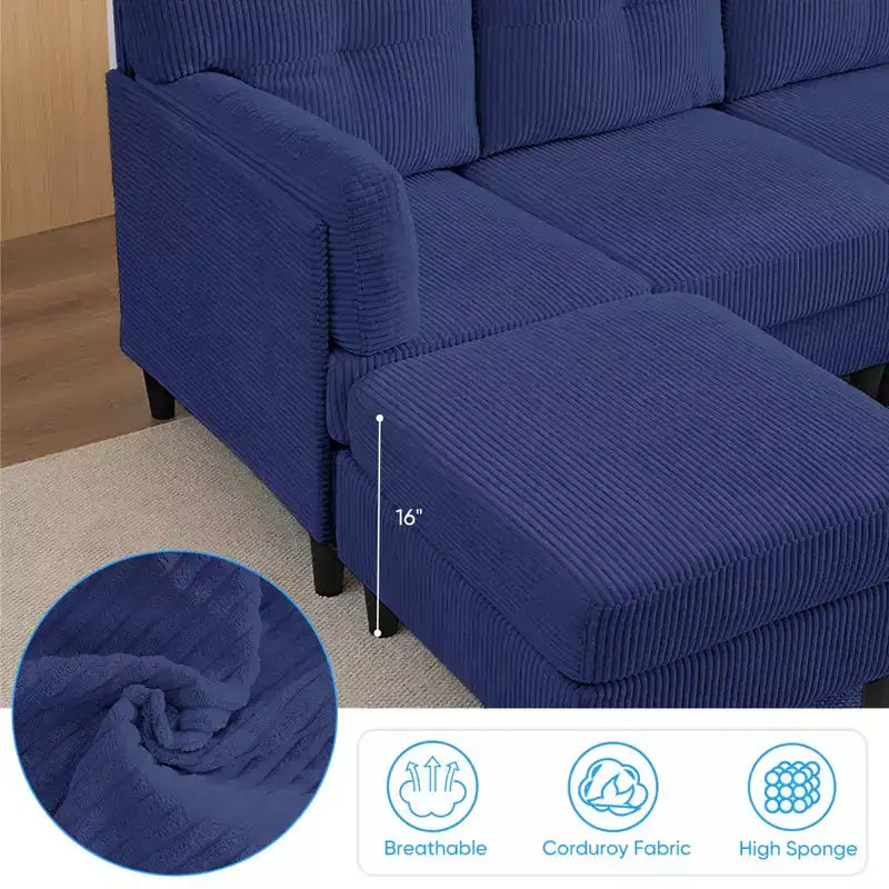 Corduroy U-Shape Modular Sectional Sofa – 4-Seater with 2 Movable Ottomans