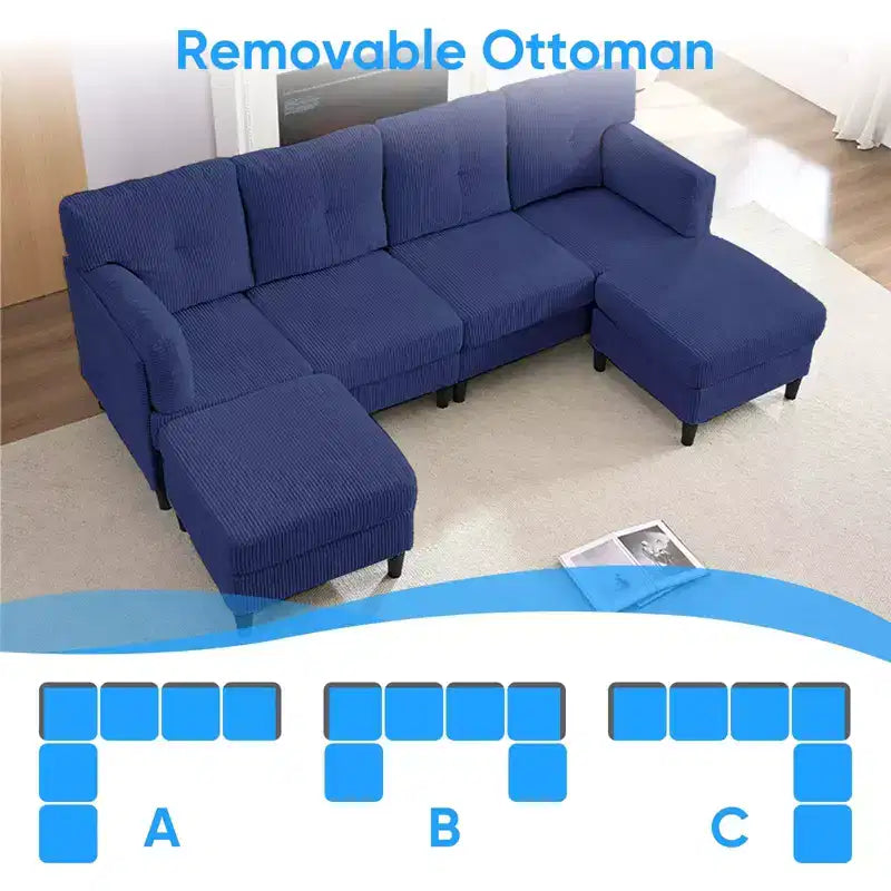Corduroy U-Shape Modular Sectional Sofa – 4-Seater with 2 Movable Ottomans