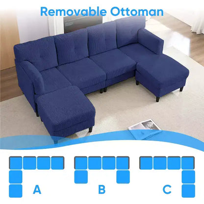 Corduroy U-Shape Modular Sectional Sofa – 4-Seater with 2 Movable Ottomans