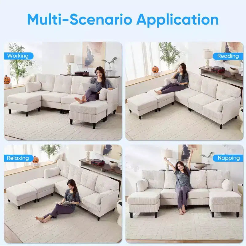Corduroy U-Shape Modular Sectional Sofa – 4-Seater with 2 Movable Ottomans