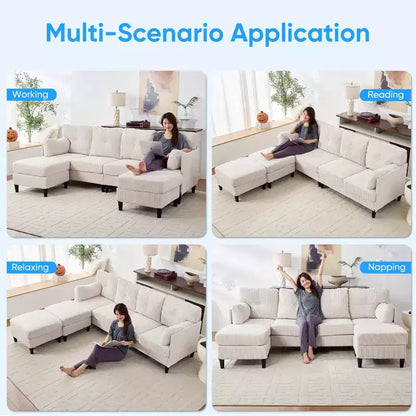 Corduroy U-Shape Modular Sectional Sofa – 4-Seater with 2 Movable Ottomans