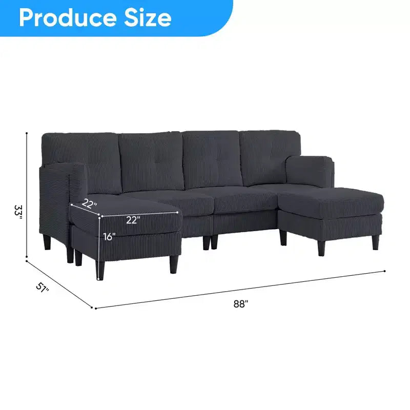 Corduroy U-Shape Modular Sectional Sofa – 4-Seater with 2 Movable Ottomans