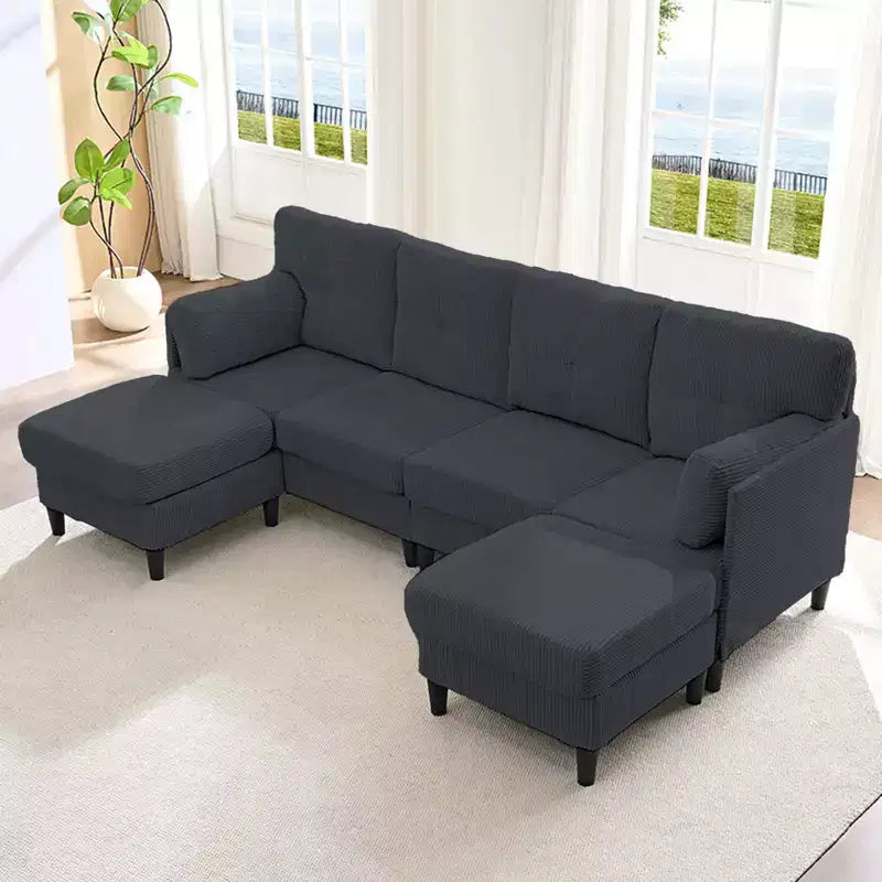 Corduroy U-Shape Modular Sectional Sofa – 4-Seater with 2 Movable Ottomans