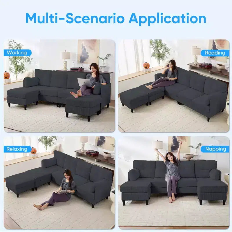 Corduroy U-Shape Modular Sectional Sofa – 4-Seater with 2 Movable Ottomans