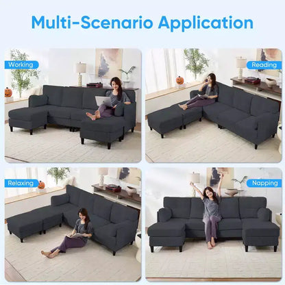 Corduroy U-Shape Modular Sectional Sofa – 4-Seater with 2 Movable Ottomans
