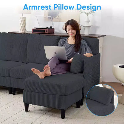 Corduroy U-Shape Modular Sectional Sofa – 4-Seater with 2 Movable Ottomans