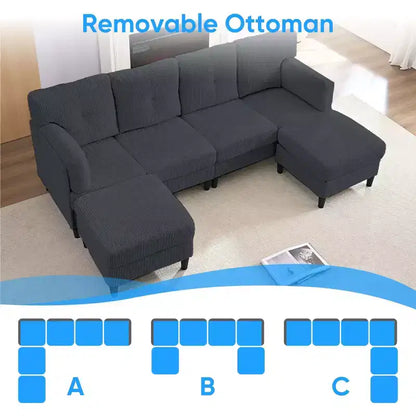 Corduroy U-Shape Modular Sectional Sofa – 4-Seater with 2 Movable Ottomans