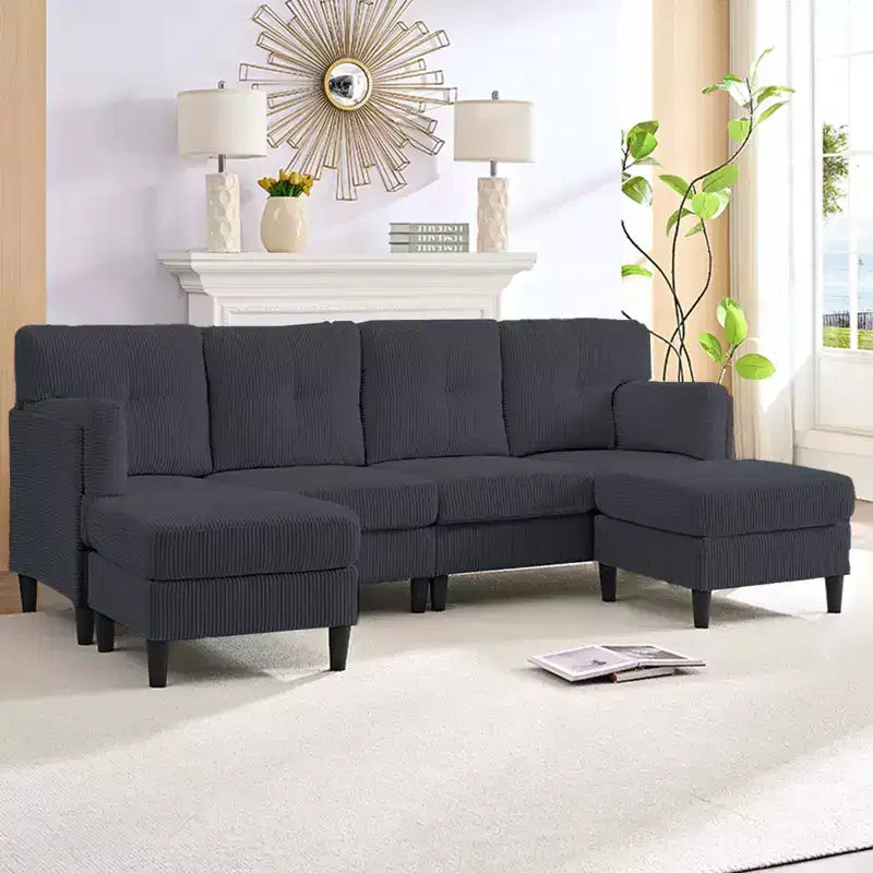 Corduroy U-Shape Modular Sectional Sofa – 4-Seater with 2 Movable Ottomans