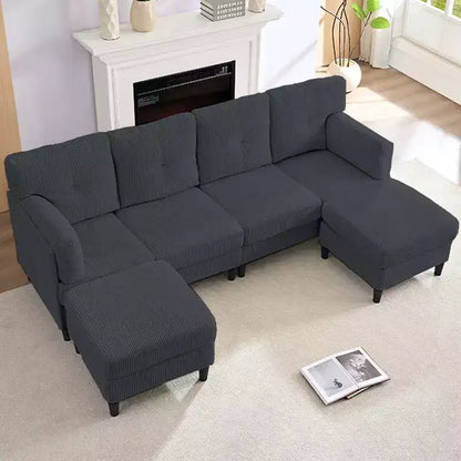 Corduroy U-Shape Modular Sectional Sofa – 4-Seater with 2 Movable Ottomans