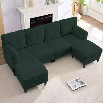 Corduroy U-Shape Modular Sectional Sofa – 4-Seater with 2 Movable Ottomans