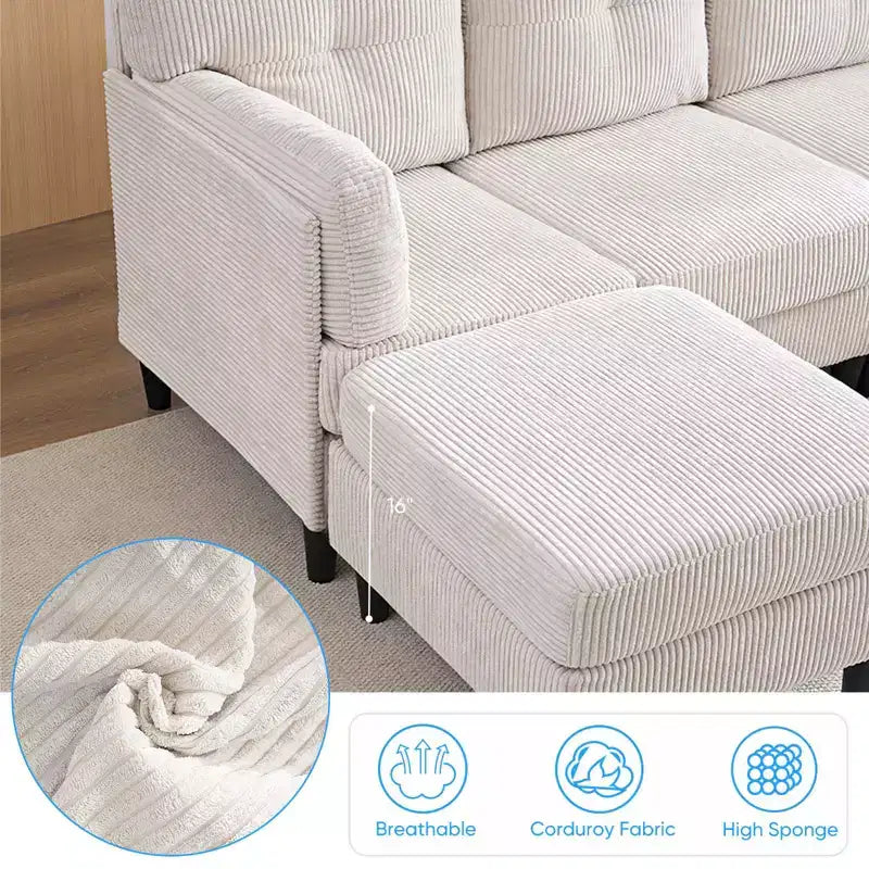 Corduroy U-Shape Modular Sectional Sofa – 4-Seater with 2 Movable Ottomans