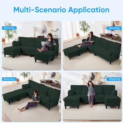 Corduroy U-Shape Modular Sectional Sofa – 4-Seater with 2 Movable Ottomans