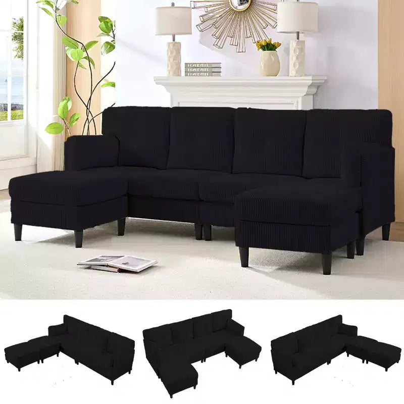 Corduroy U-Shape Modular Sectional Sofa – 4-Seater with 2 Movable Ottomans