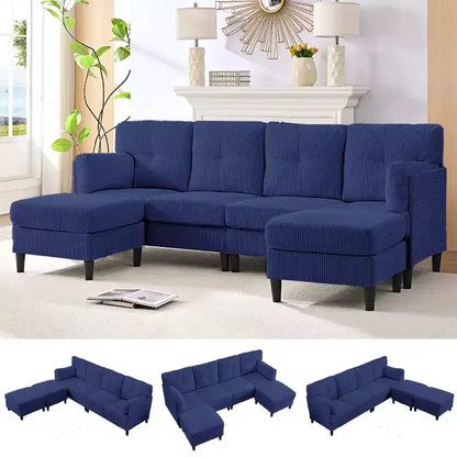 Corduroy U-Shape Modular Sectional Sofa – 4-Seater with 2 Movable Ottomans