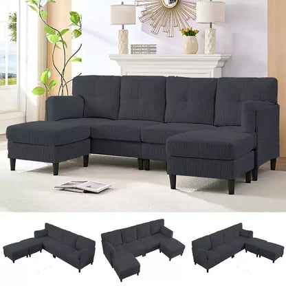 Corduroy U-Shape Modular Sectional Sofa – 4-Seater with 2 Movable Ottomans