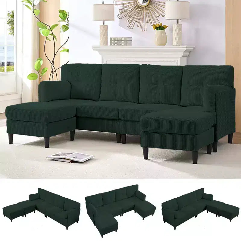 Corduroy U-Shape Modular Sectional Sofa – 4-Seater with 2 Movable Ottomans