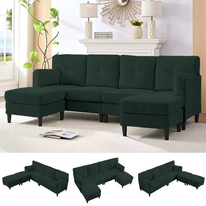 Corduroy U-Shape Modular Sectional Sofa – 4-Seater with 2 Movable Ottomans