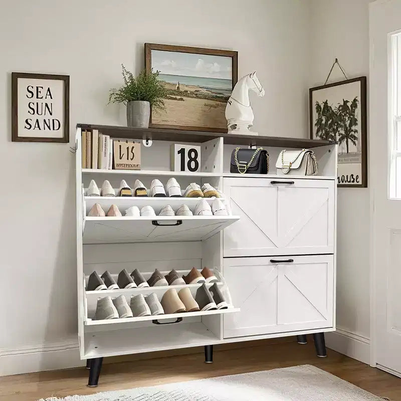 4-Door Flip-Up Shoe Cabinet with Drawers & Adjustable Shelves – Freestanding, 32 Pairs