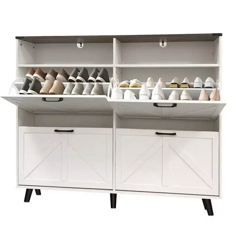 4-Door Flip-Up Shoe Cabinet with Drawers & Adjustable Shelves – Freestanding, 32 Pairs