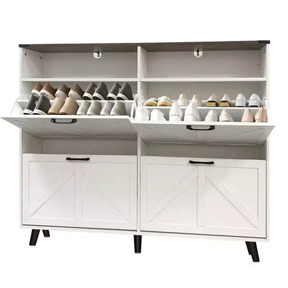 4-Door Flip-Up Shoe Cabinet with Drawers & Adjustable Shelves – Freestanding, 32 Pairs