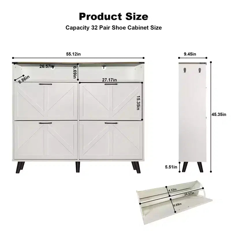 4-Door Flip-Up Shoe Cabinet with Drawers & Adjustable Shelves – Freestanding, 32 Pairs