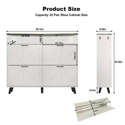 4-Door Flip-Up Shoe Cabinet with Drawers & Adjustable Shelves – Freestanding, 32 Pairs
