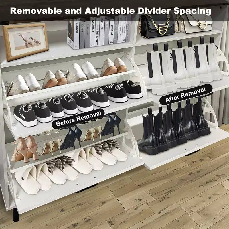 4-Door Flip-Up Shoe Cabinet with Drawers & Adjustable Shelves – Freestanding, 32 Pairs