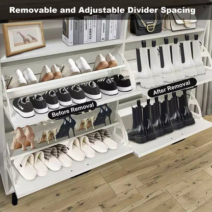 4-Door Flip-Up Shoe Cabinet with Drawers & Adjustable Shelves – Freestanding, 32 Pairs