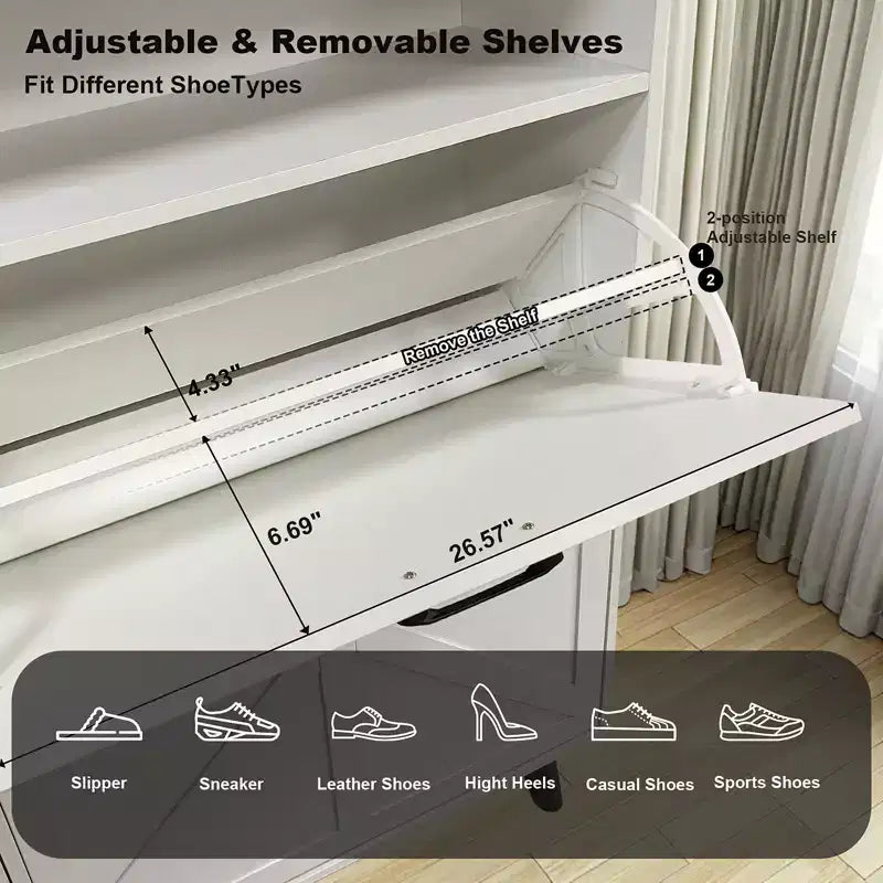 4-Door Flip-Up Shoe Cabinet with Drawers & Adjustable Shelves – Freestanding, 32 Pairs