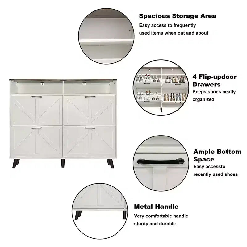 4-Door Flip-Up Shoe Cabinet with Drawers & Adjustable Shelves – Freestanding, 32 Pairs