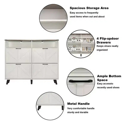 4-Door Flip-Up Shoe Cabinet with Drawers & Adjustable Shelves – Freestanding, 32 Pairs