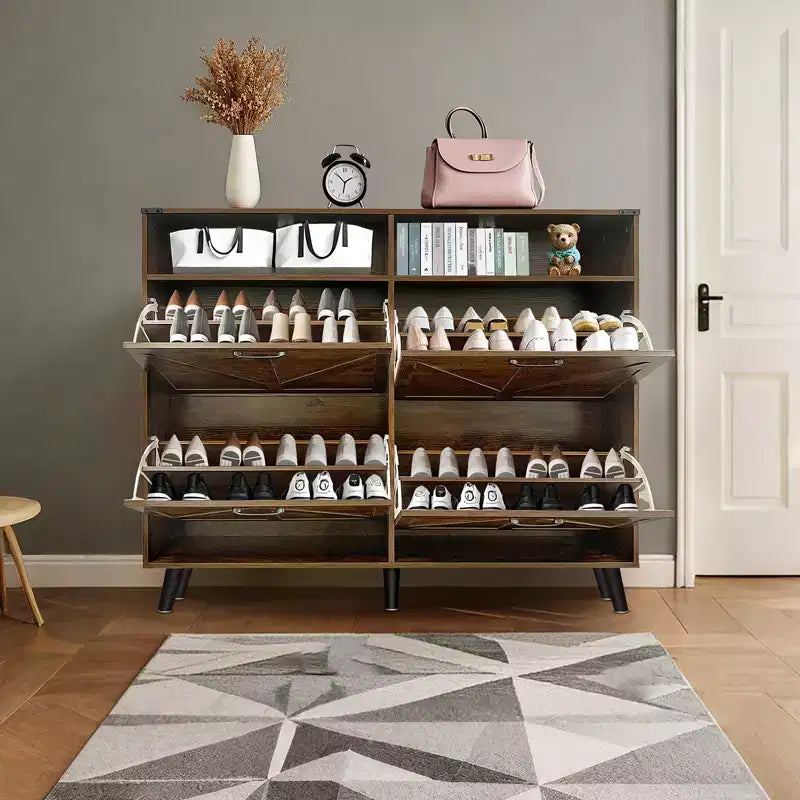 4-Door Flip-Up Shoe Cabinet with Drawers & Adjustable Shelves – Freestanding, 32 Pairs
