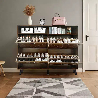 4-Door Flip-Up Shoe Cabinet with Drawers & Adjustable Shelves – Freestanding, 32 Pairs