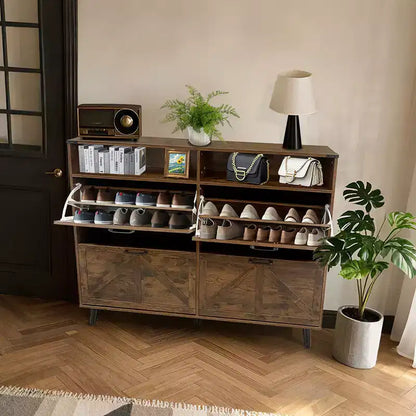 4-Door Flip-Up Shoe Cabinet with Drawers & Adjustable Shelves – Freestanding, 32 Pairs