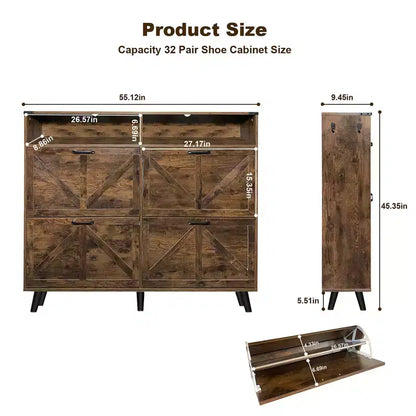 4-Door Flip-Up Shoe Cabinet with Drawers & Adjustable Shelves – Freestanding, 32 Pairs