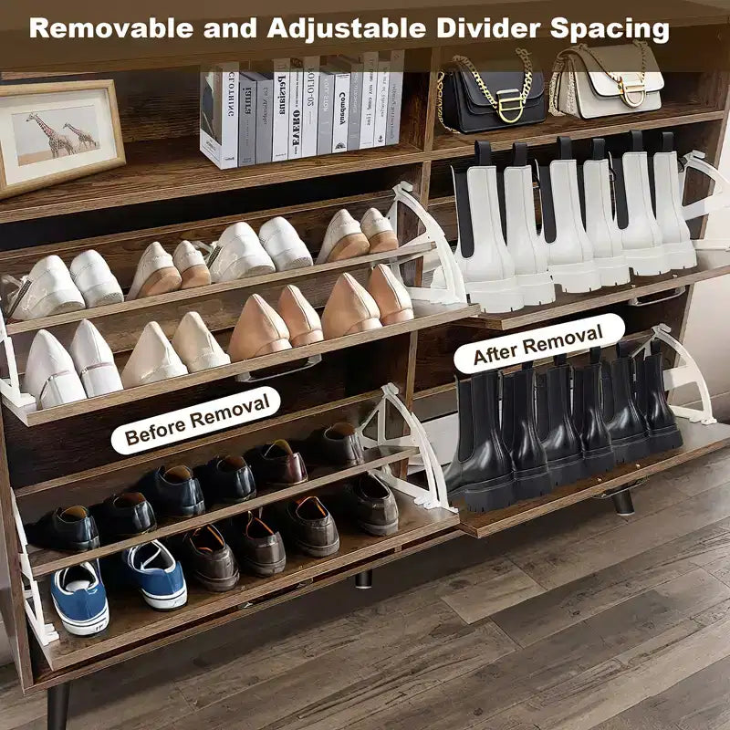 4-Door Flip-Up Shoe Cabinet with Drawers & Adjustable Shelves – Freestanding, 32 Pairs