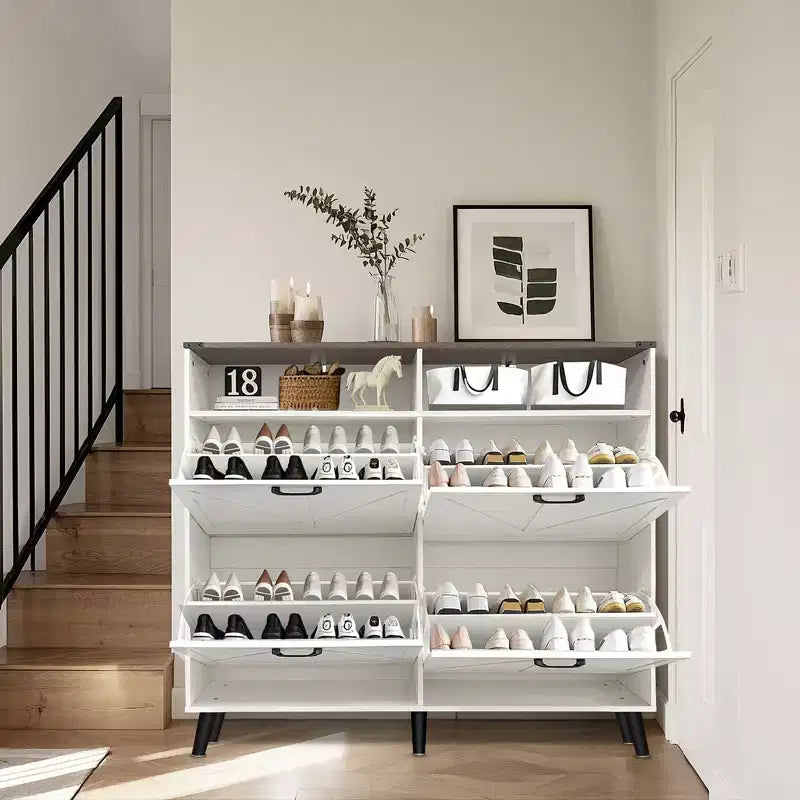 4-Door Flip-Up Shoe Cabinet with Drawers & Adjustable Shelves – Freestanding, 32 Pairs