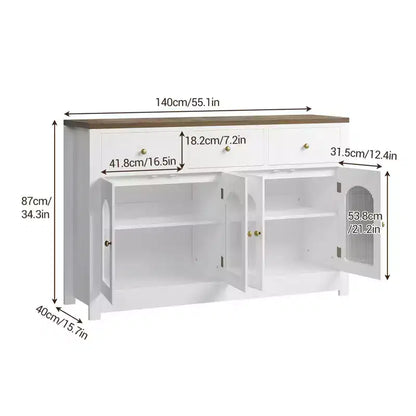 55 Sideboard Buffet Cabinet, Wood Coffee Bar Cabinet with Glass Door & 3 Drawers, Modern Media Console Table, Kitchen Pantry Cabinet