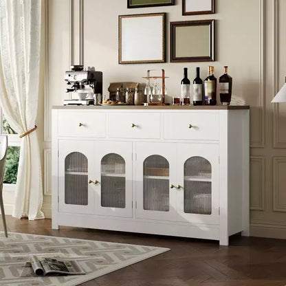 55 Sideboard Buffet Cabinet, Wood Coffee Bar Cabinet with Glass Door & 3 Drawers, Modern Media Console Table, Kitchen Pantry Cabinet