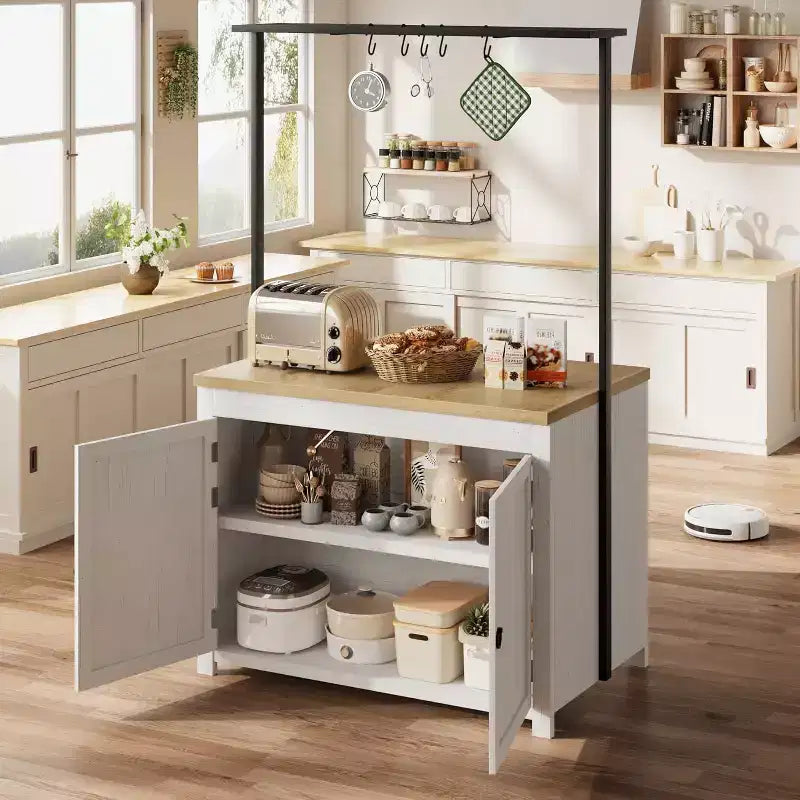 42" Mobile Kitchen Island Cart with Wood Countertop, 3-Tier Shelves & 5 Hooks