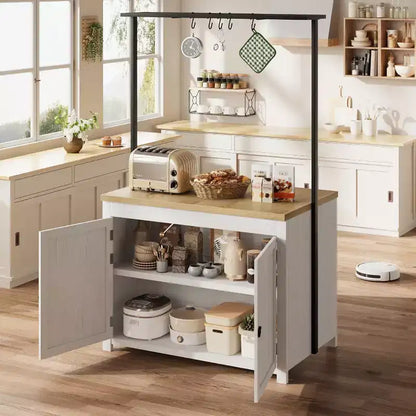 42" Mobile Kitchen Island Cart with Wood Countertop, 3-Tier Shelves & 5 Hooks