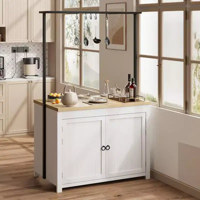 42" Mobile Kitchen Island Cart with Wood Countertop, 3-Tier Shelves & 5 Hooks